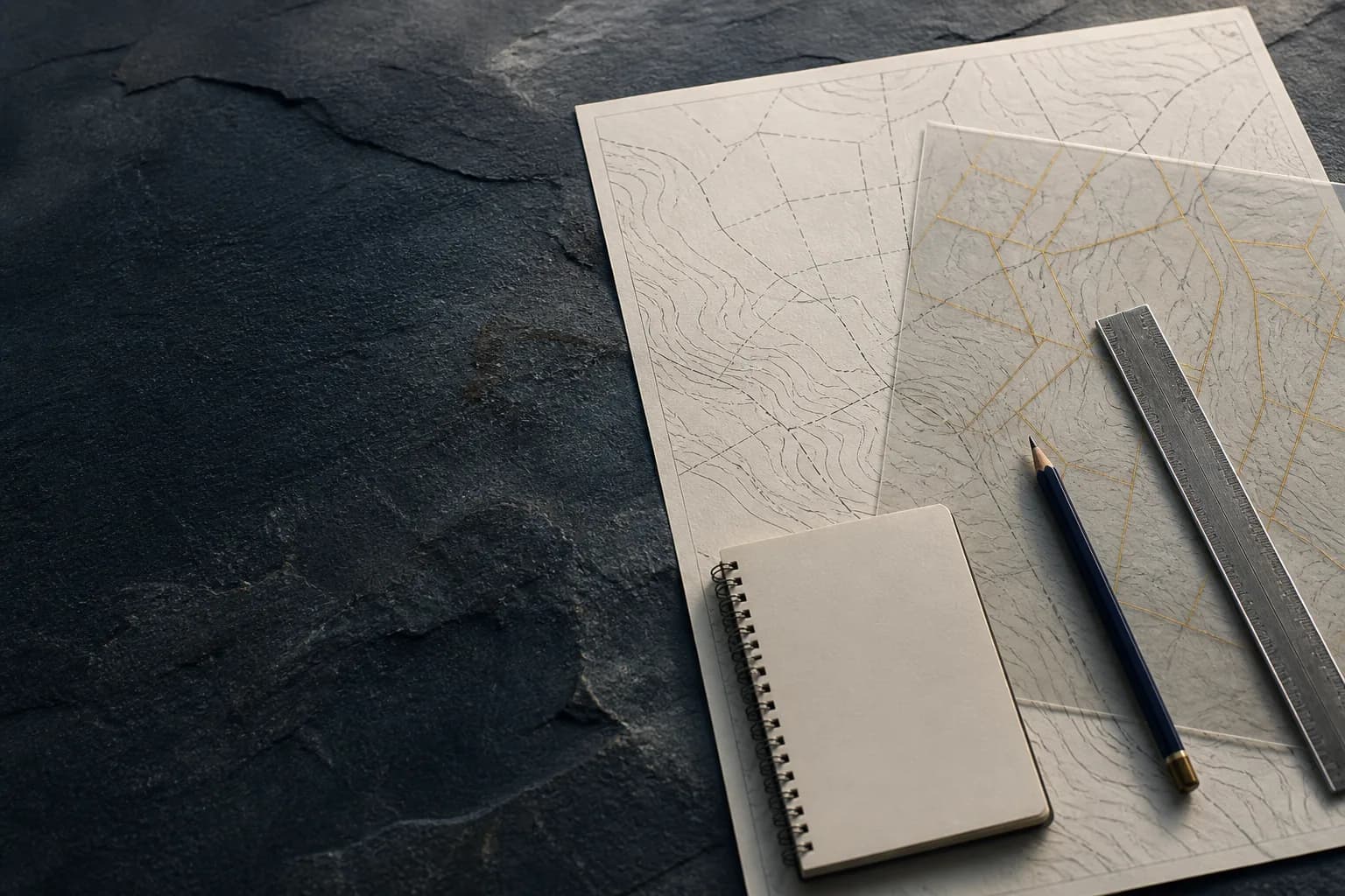 Illustrative field study materials showing a fictional parcel-line overlay and contour sketch.