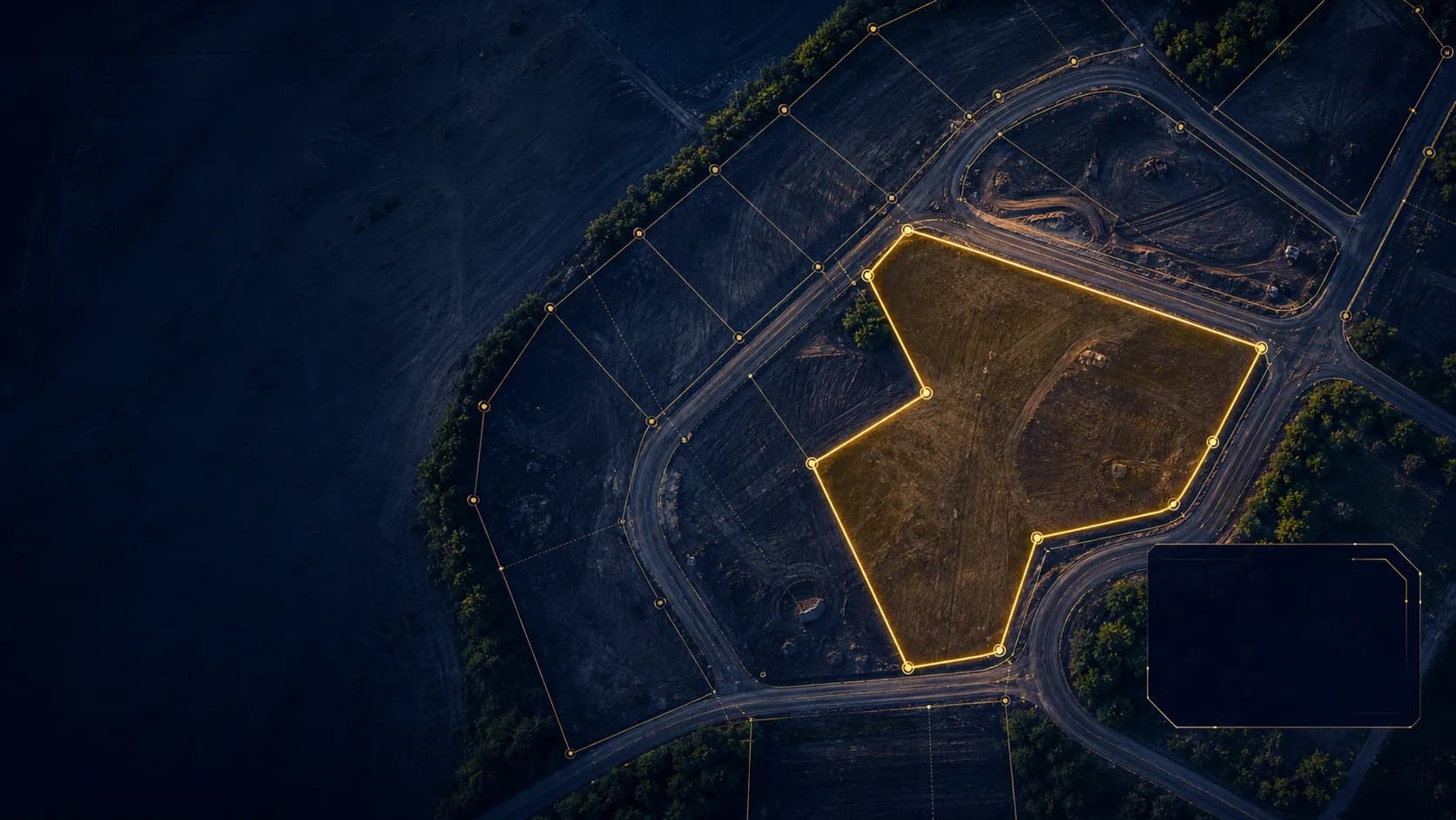 Illustrative aerial view of a fictional estate with a selected parcel and survey boundaries.