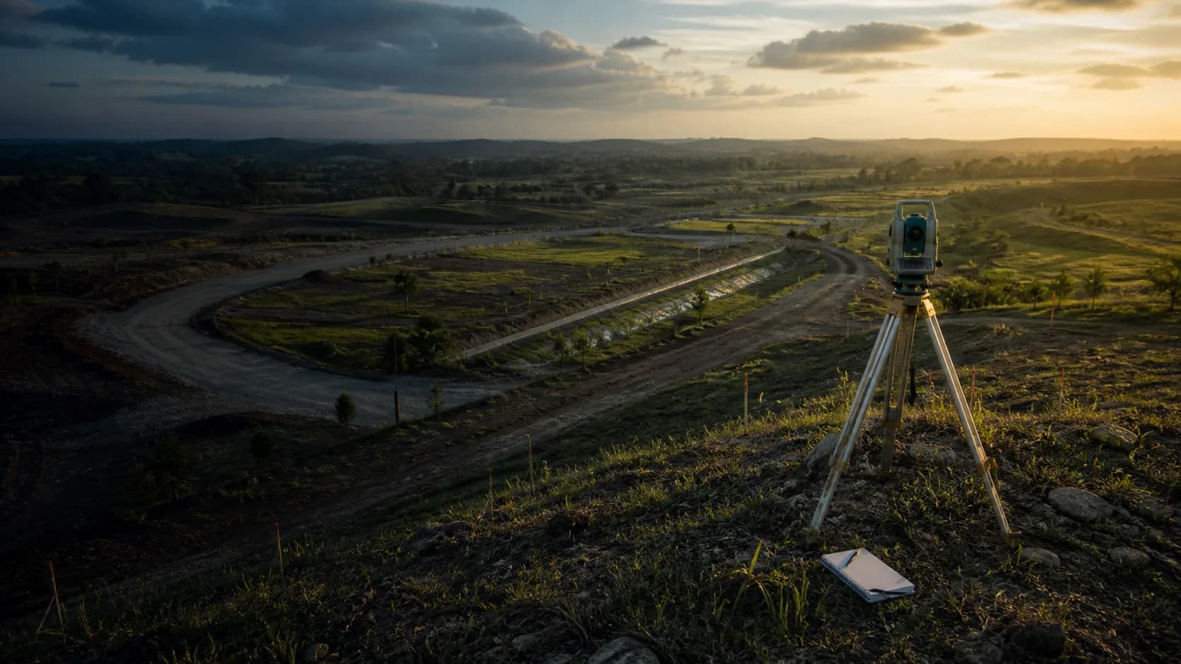 Illustrative fictional land-development site prepared for field survey, with a survey instrument and marked terrain.